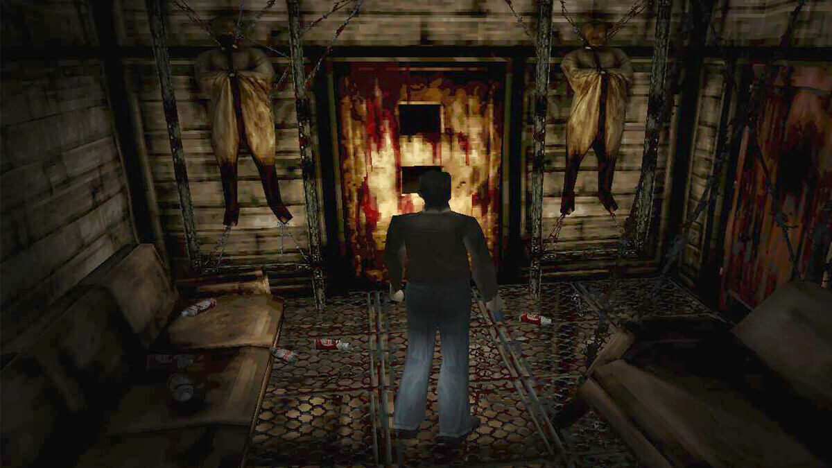 Harry Mason observando porta para o submundo em Silent Hill